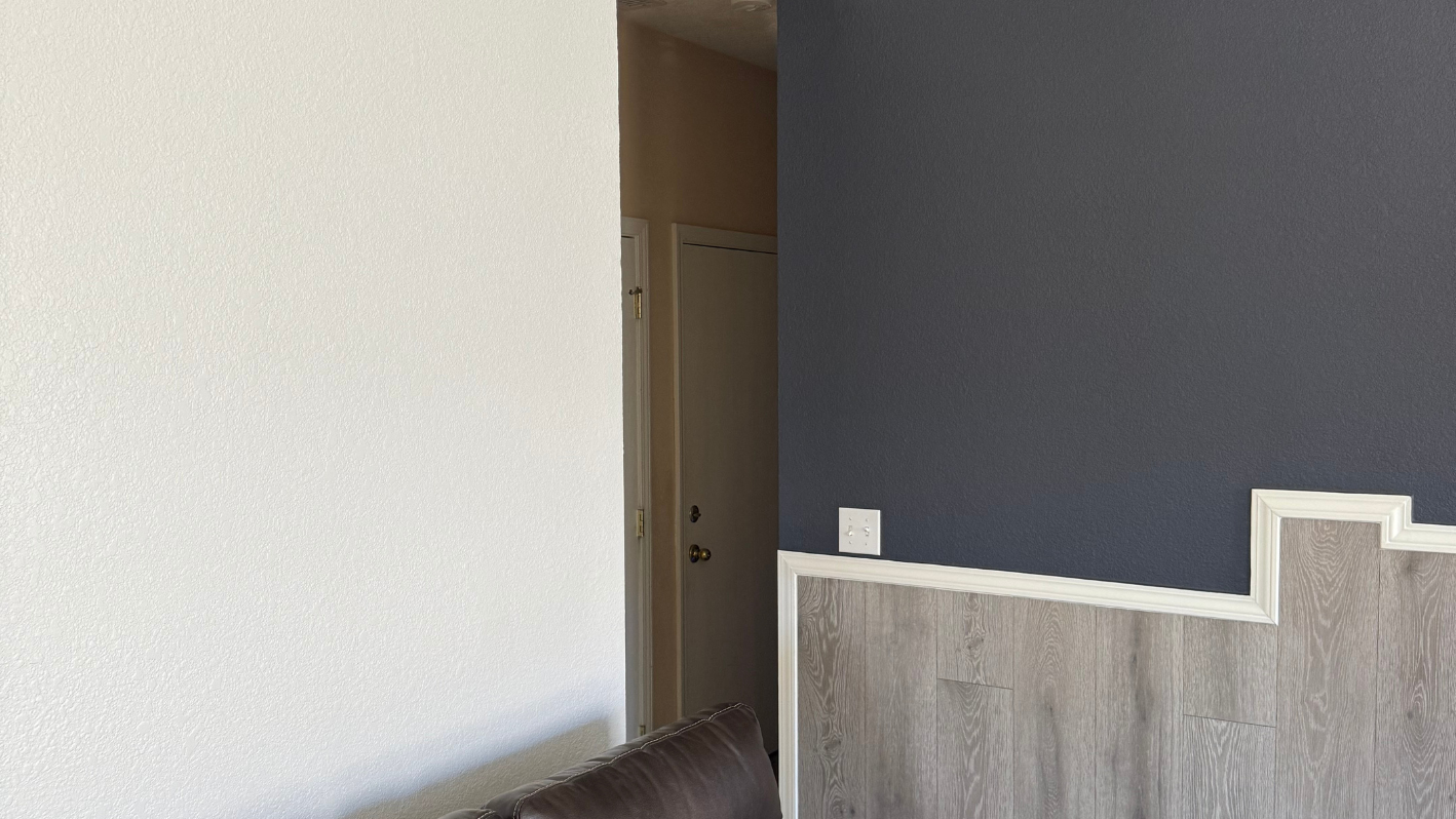 A living room with a couch and a wall painted blue